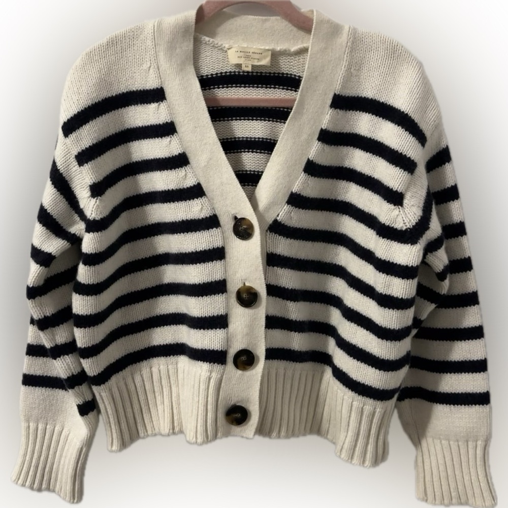 SÉZANE Wool Cotton Blend “Wilson” Cardigan | Ecru/Navy Stripes - Picture 5 of 13